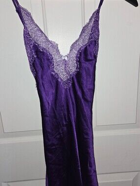 Elegant Purple Lace-Trim Satin Slip Dress